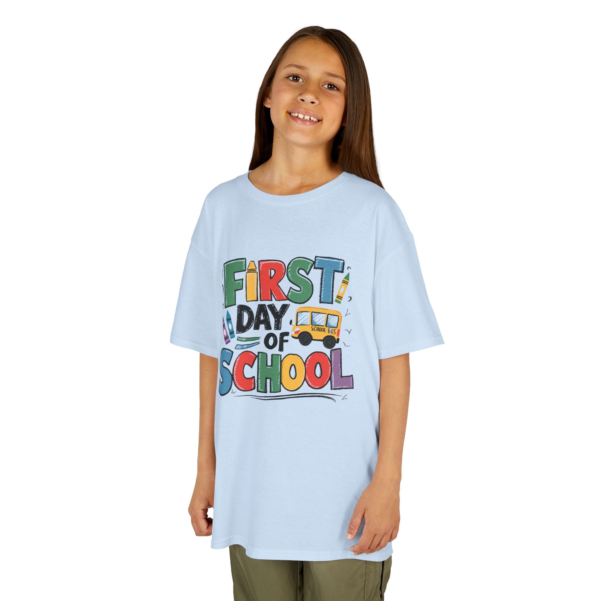First Day of School Kids T-Shirt — Colorful Back-to-School Tee with School Bus Design