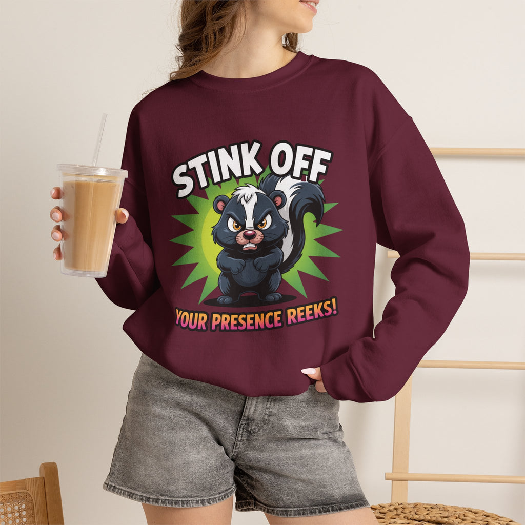 Stink Off Skunk Crewneck Sweatshirt — Funny 'Your Presence Reeks!' Graphic