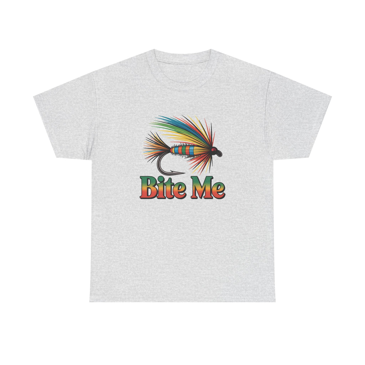 Fishing T-Shirt — Colorful Fly Design with "Bite Me" Text