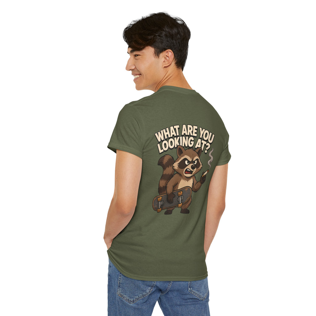 Graphic Tee — "What Are You Looking At?" Raccoon Illustration T-Shirt