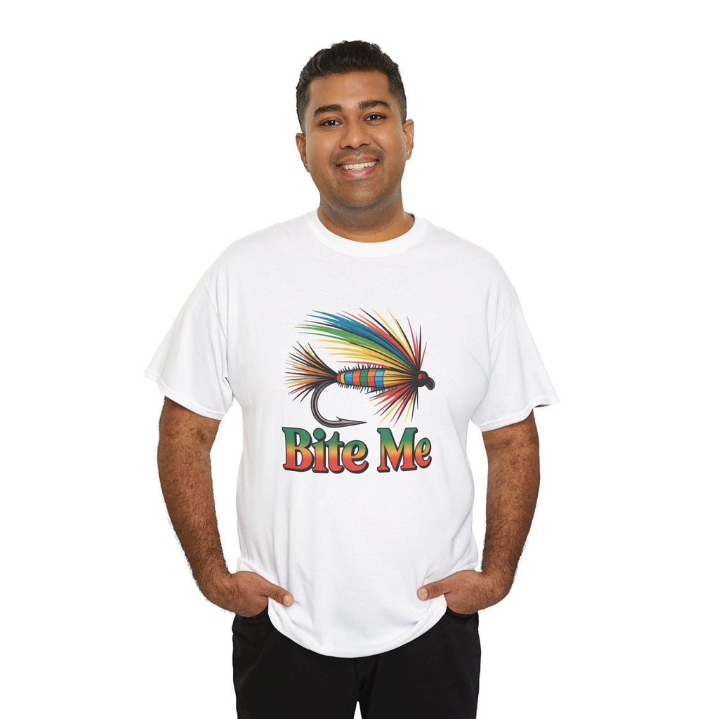 Fishing T-Shirt — Colorful Fly Design with "Bite Me" Text