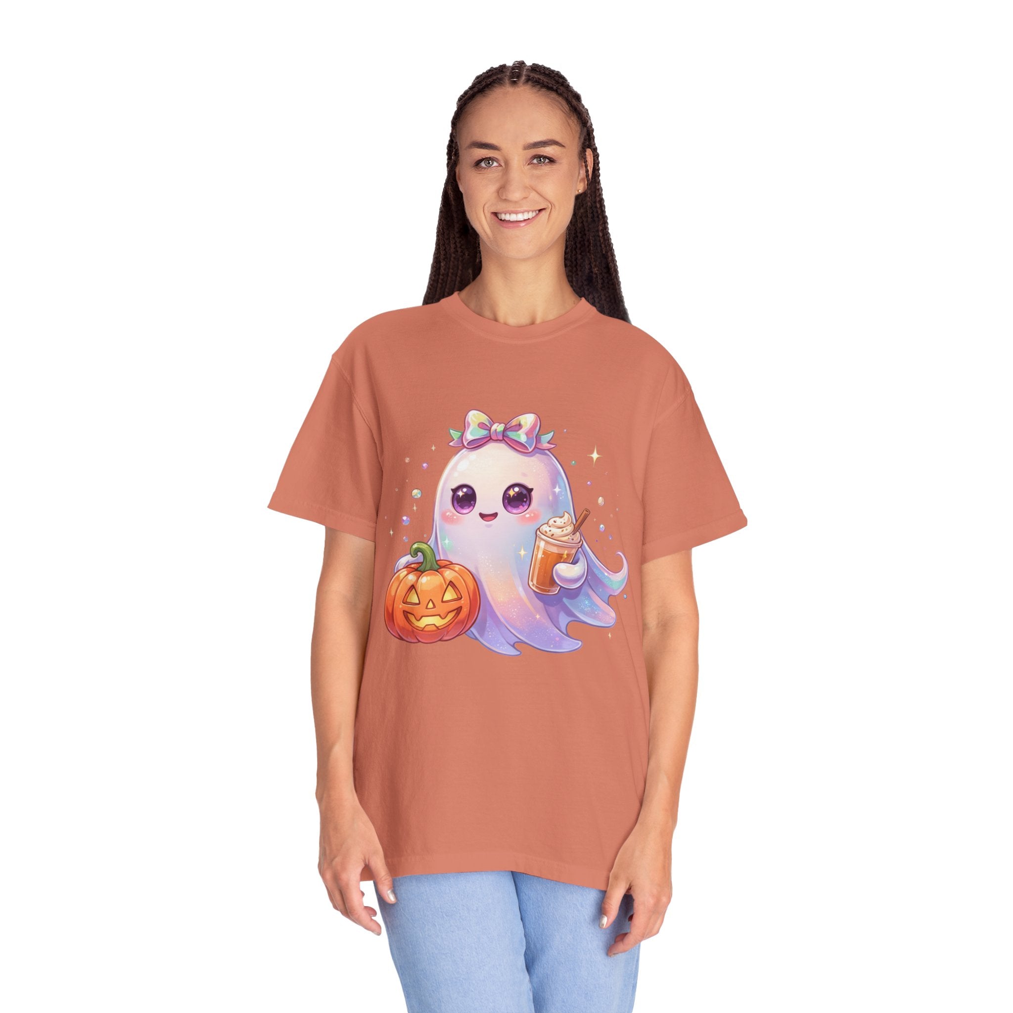Cute Halloween Ghost T-Shirt — Kawaii Pumpkin & Candy Drink Graphic