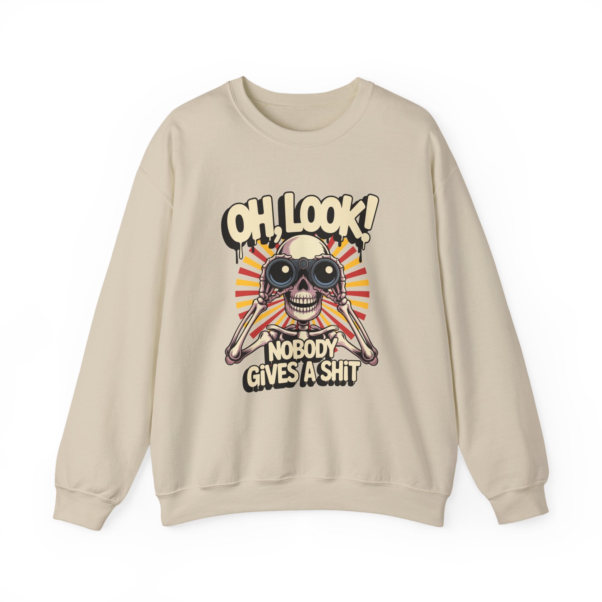 Crewneck Sweatshirt — 'Oh, Look! Nobody Gives a Shit' Skull Binoculars Graphic