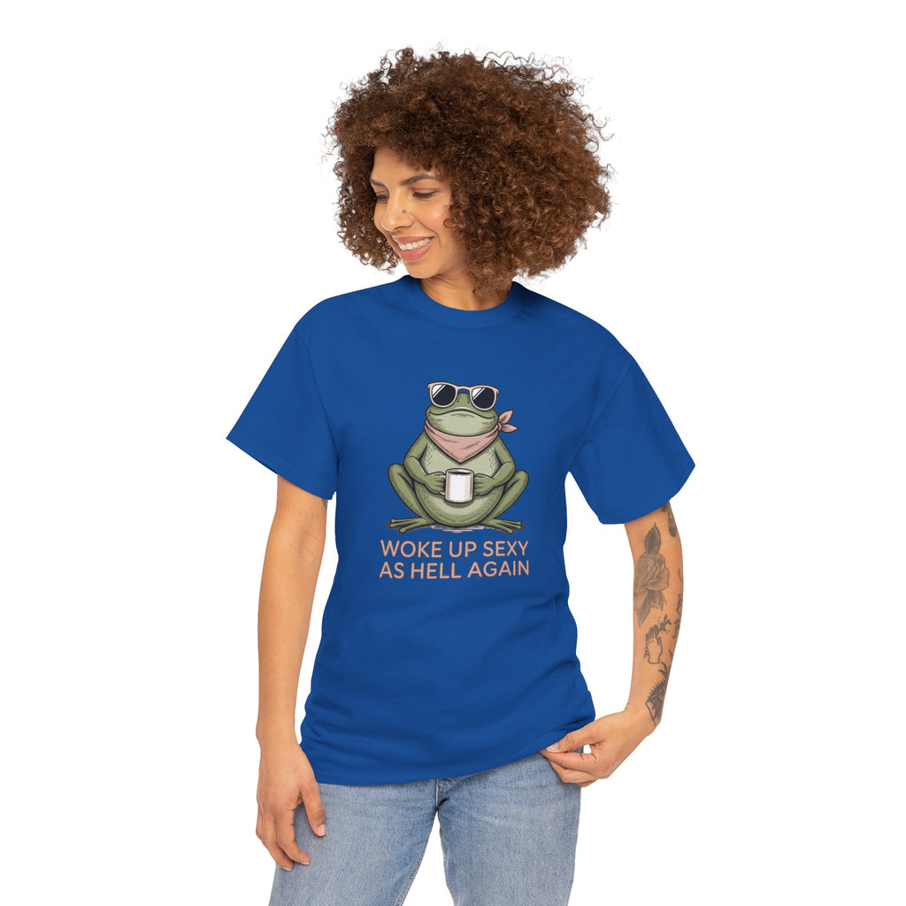 Frog Mug Graphic Tee — "Woke Up Sexy As Hell Again" Cotton T-Shirt