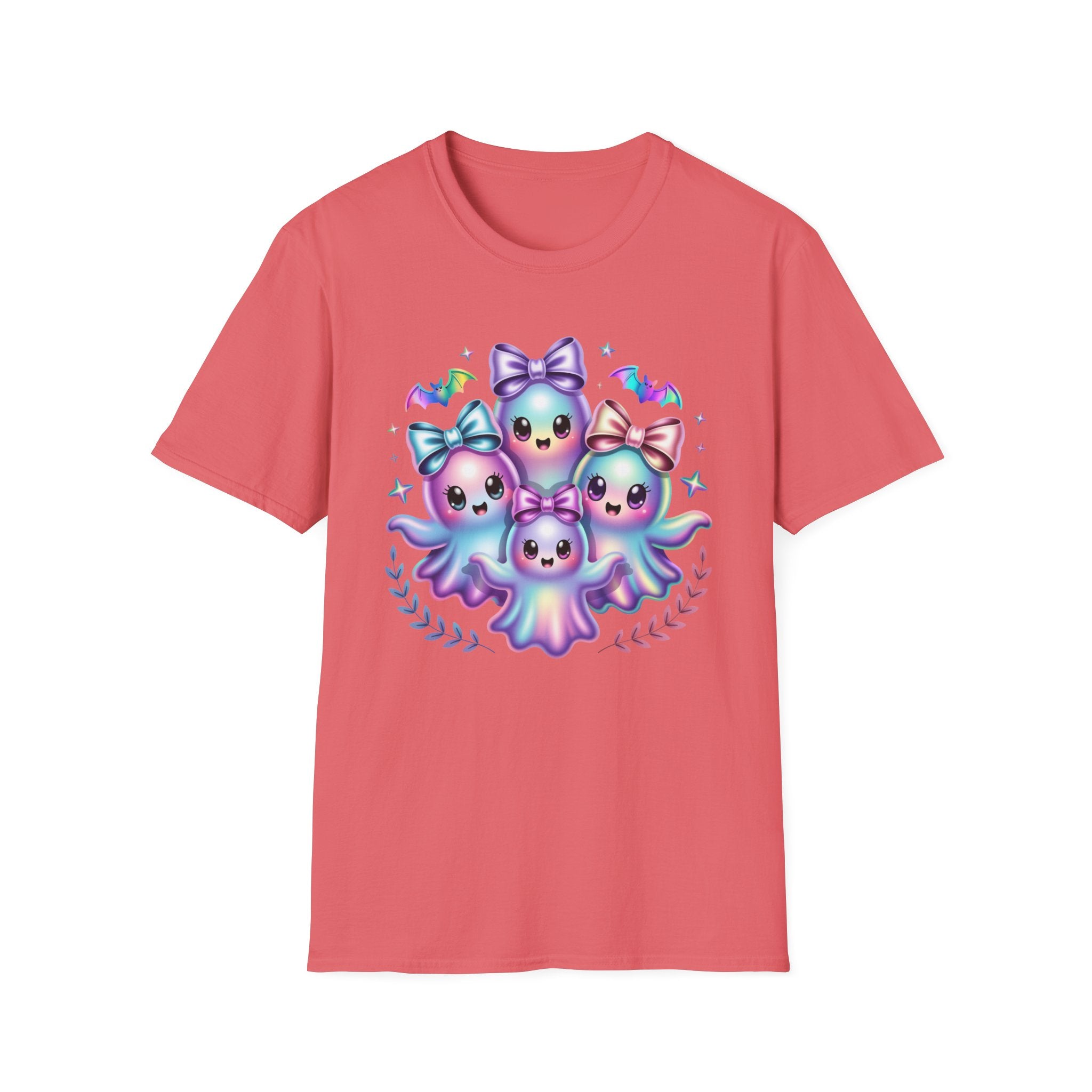 A coral pink short-sleeve crewneck t-shirt featuring a colorful graphic of four cute pastel blue and purple cartoon ghosts with bows, displayed on a solid white background.