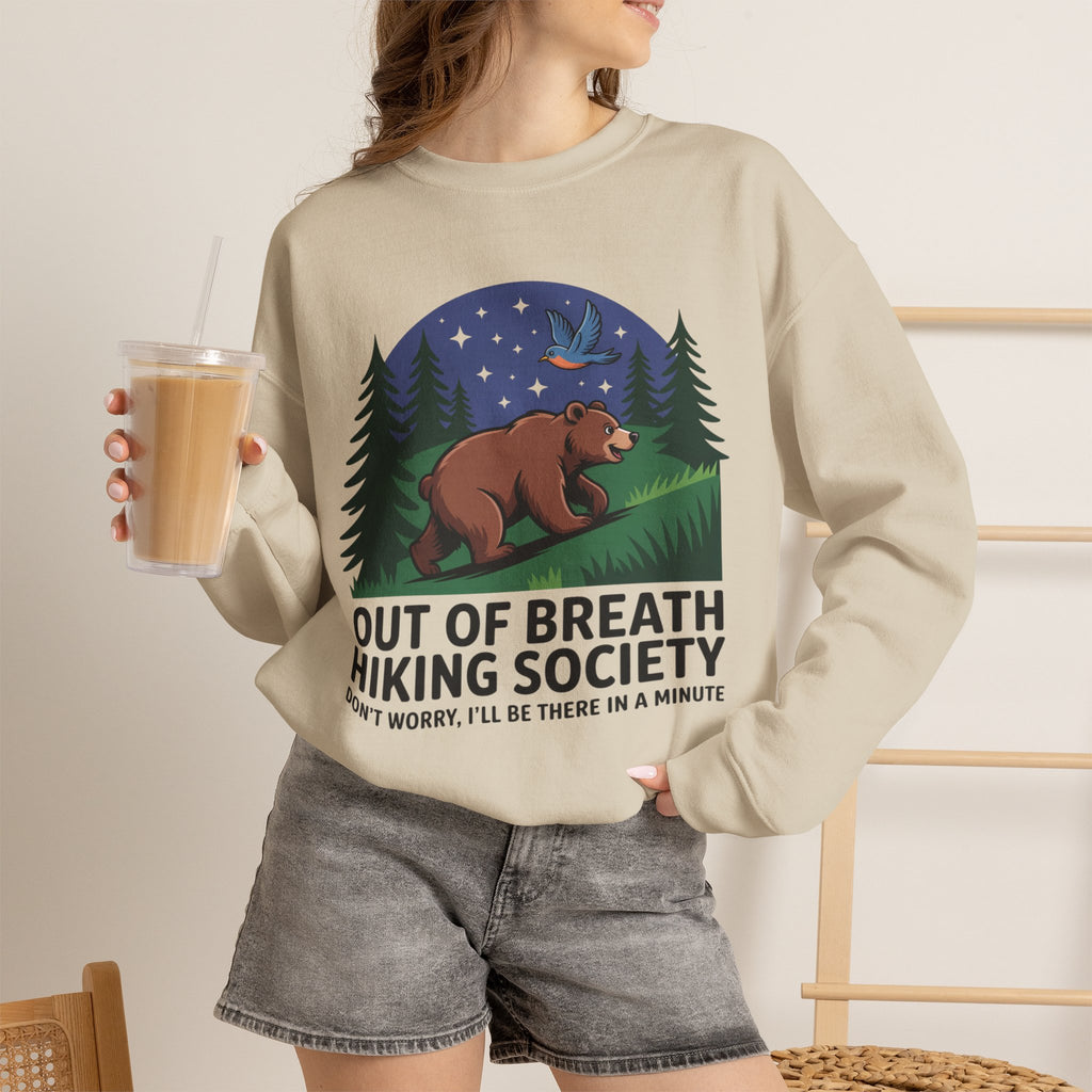 Out of Breath Hiking Society Crewneck Sweatshirt — Funny Bear Camping Graphic