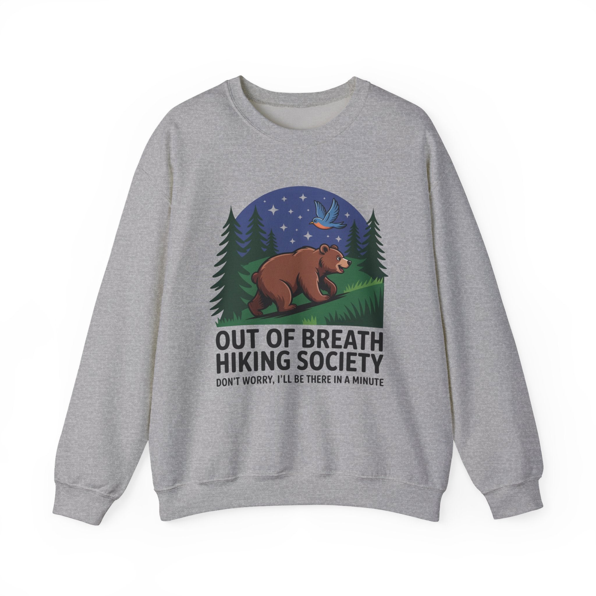 Out of Breath Hiking Society Crewneck Sweatshirt — Funny Bear Camping Graphic
