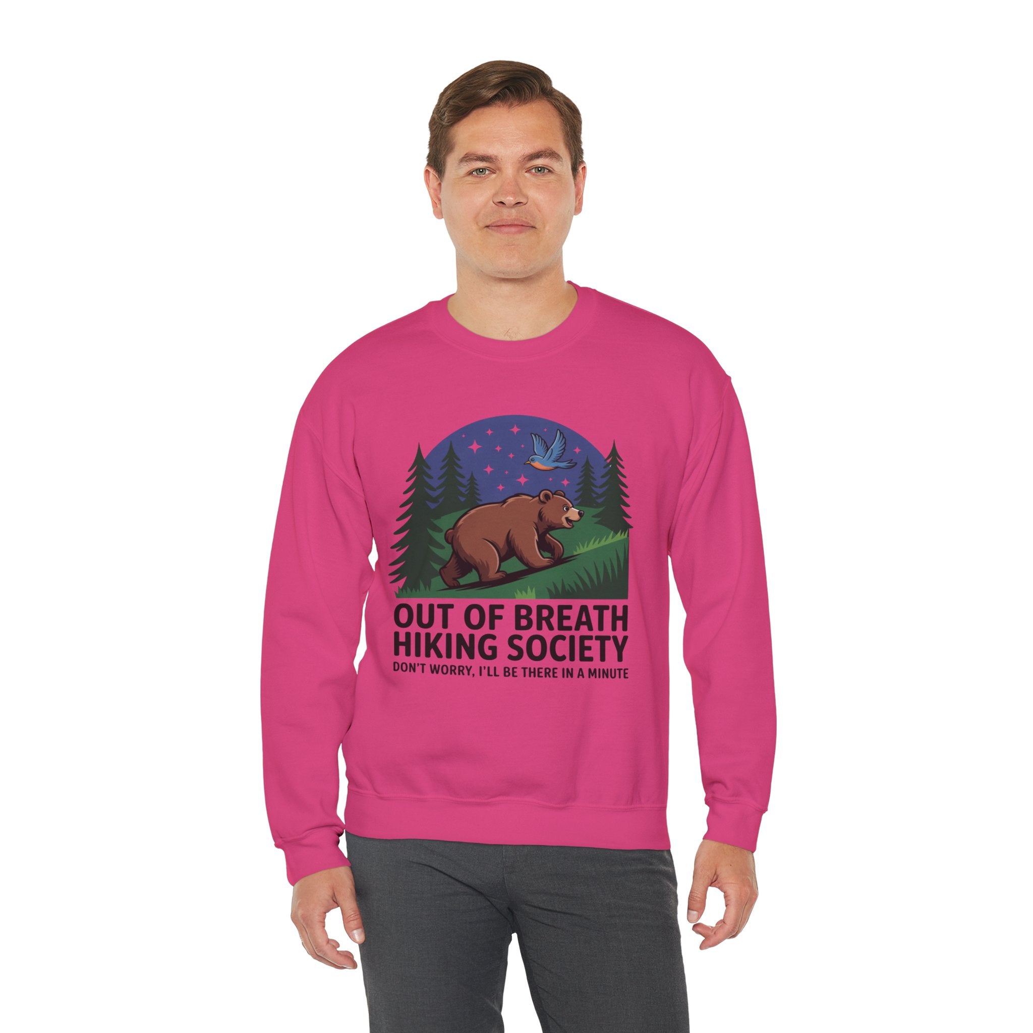 Out of Breath Hiking Society Crewneck Sweatshirt — Funny Bear Camping Graphic