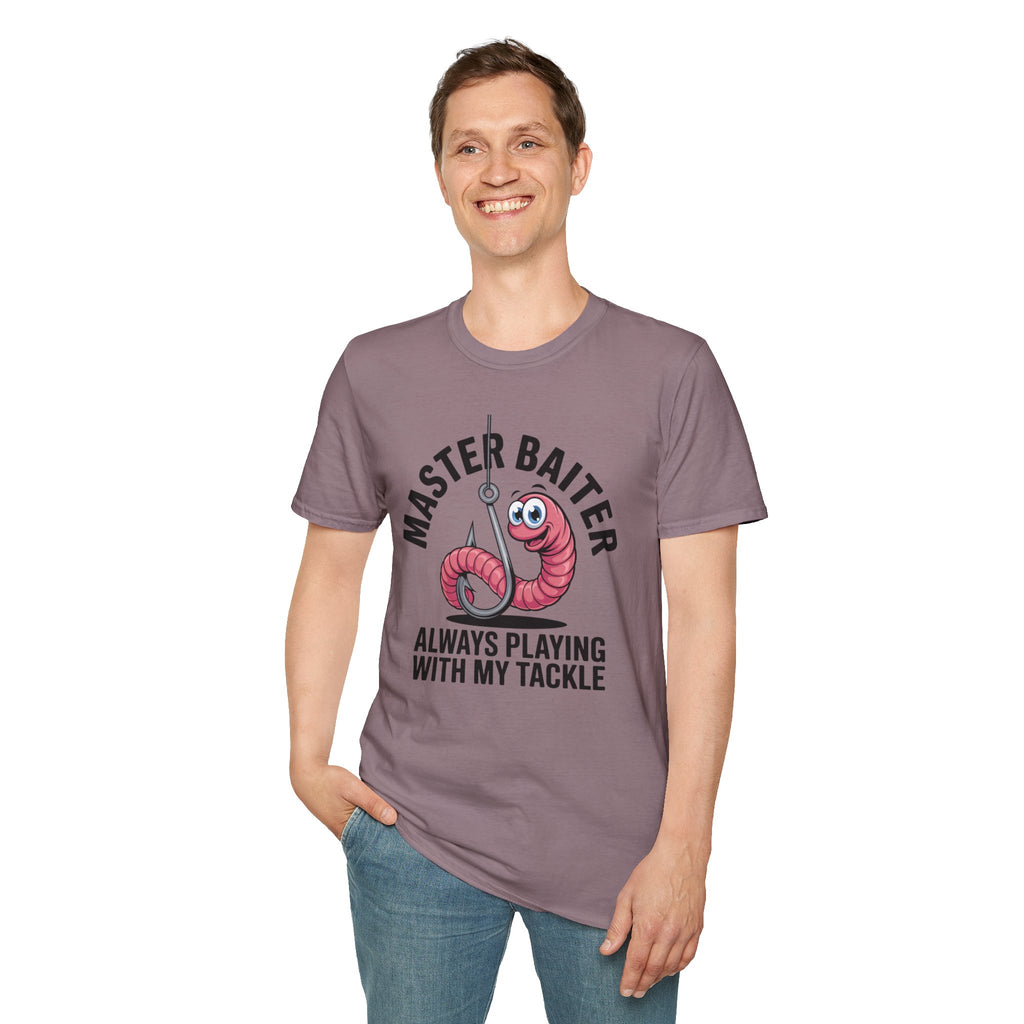 Master Baiter Fishing T-Shirt — Funny Worm Hook Tee ("Always Playing With My Tackle")