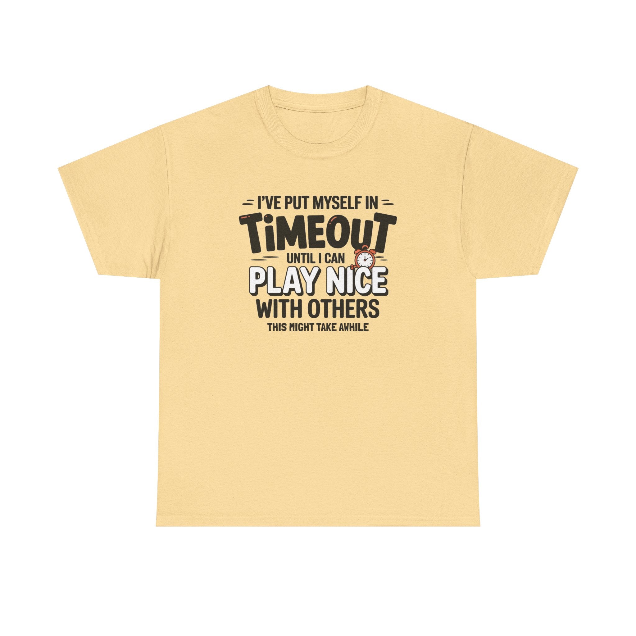 A pale yellow short-sleeve t-shirt with a humorous text graphic printed on the chest, displayed against a solid white background.