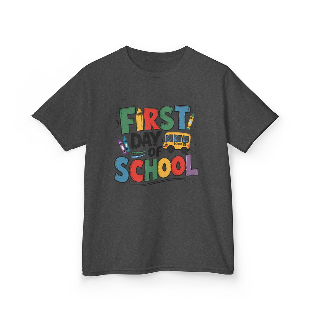 First Day of School Kids T-Shirt — Colorful Back-to-School Tee with School Bus Design