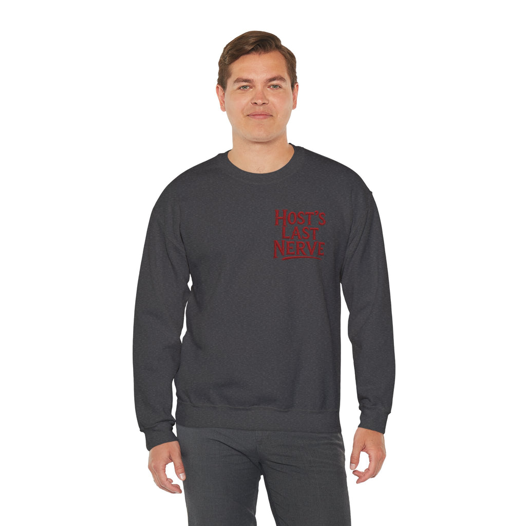Funny Thanksgiving Host Crewneck Sweatshirt — Host's Last Nerve Merlot Spill Turkey Humor Gift Pullover