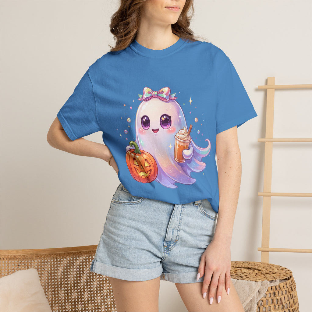 Cute Halloween Ghost T-Shirt — Kawaii Pumpkin & Candy Drink Graphic