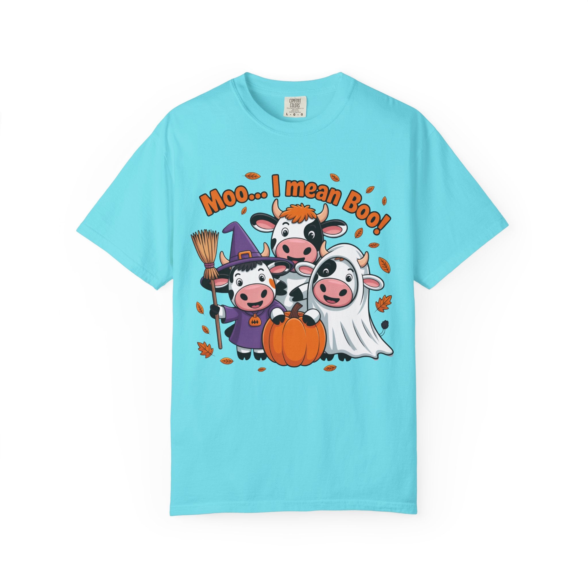 Halloween Cow T-Shirt – “Moo... I mean Boo!” Cute Pumpkin & Witch Cows Graphic Tee