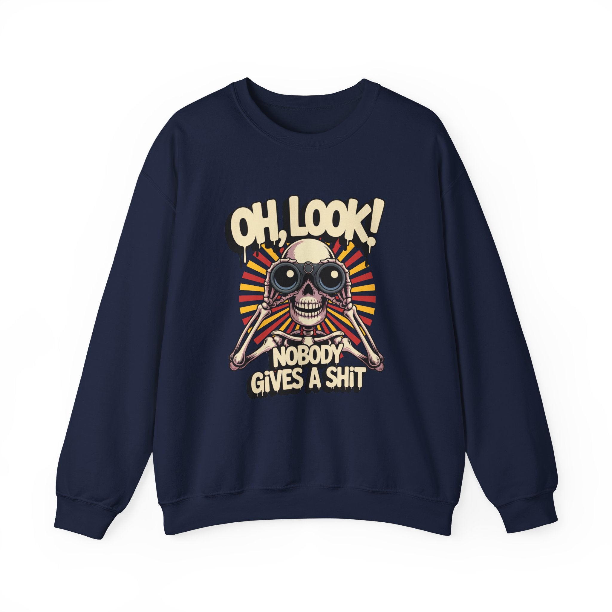 Crewneck Sweatshirt — 'Oh, Look! Nobody Gives a Shit' Skull Binoculars Graphic