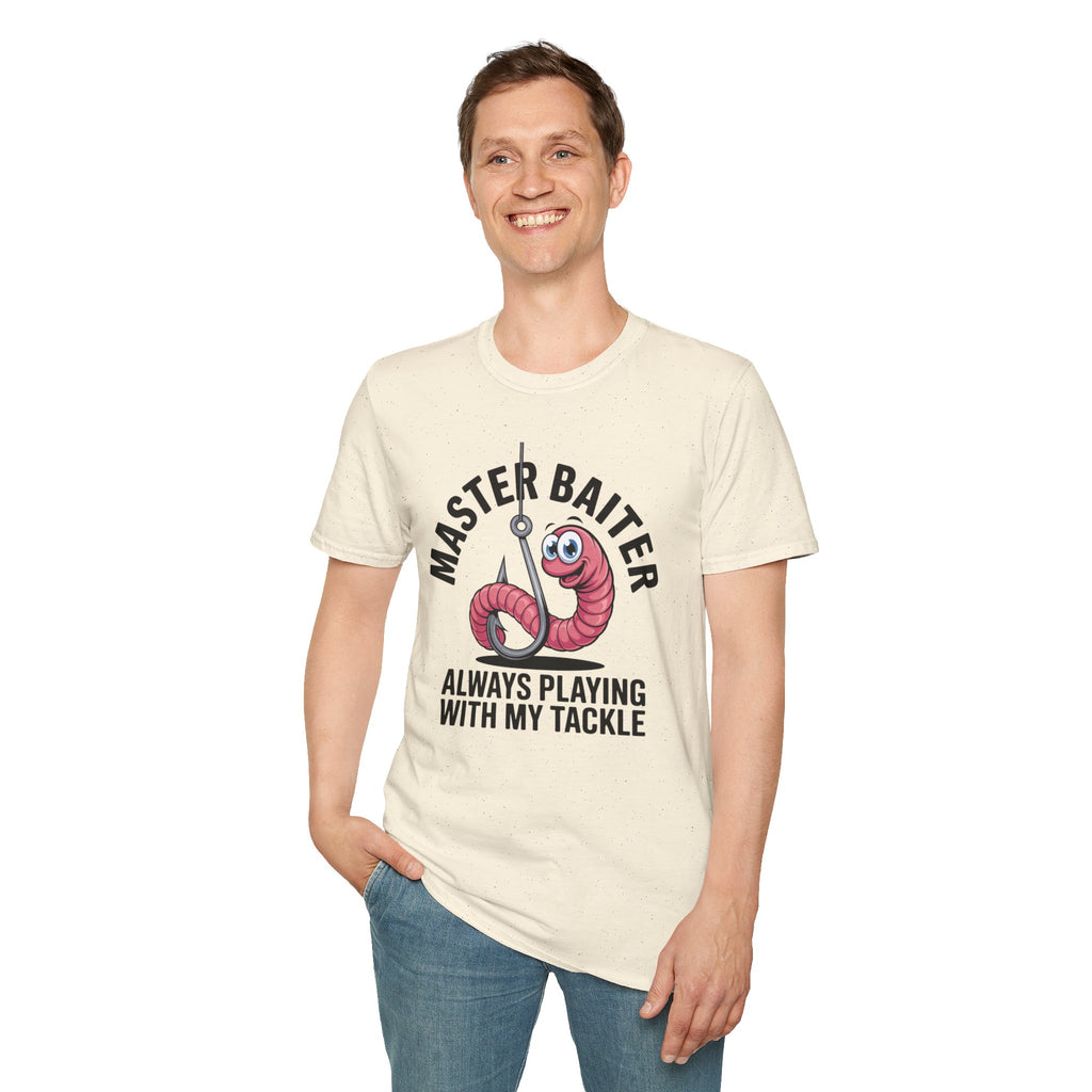 Master Baiter Fishing T-Shirt — Funny Worm Hook Tee ("Always Playing With My Tackle")