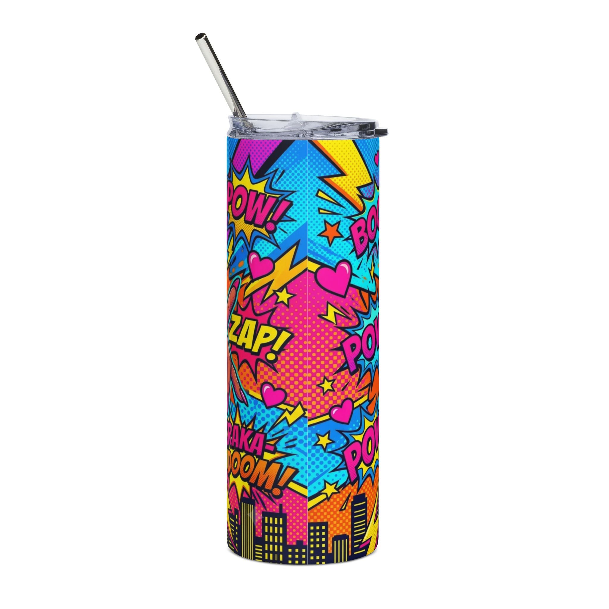 A tall, skinny tumbler with a clear lid and metal straw, featuring a vibrant comic book pop-art pattern with colorful text bubbles, stars, and lightning bolts on a white background.