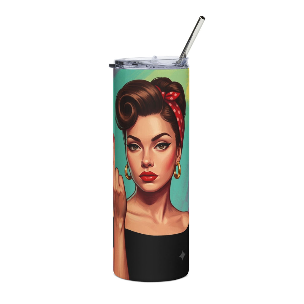 A tall insulated tumbler with a clear lid and metal straw, featuring a retro-style illustrated woman with brown hair in a red polka-dot headscarf, red lips, and gold hoop earrings against a teal and yellow background.