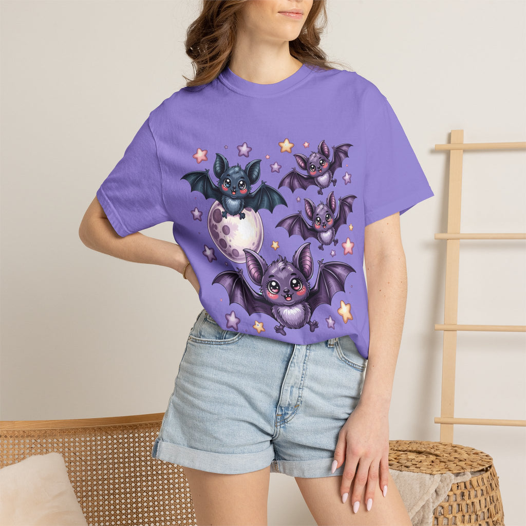 Cute Purple Bats T-Shirt — Kawaii Night Moon & Stars Tee