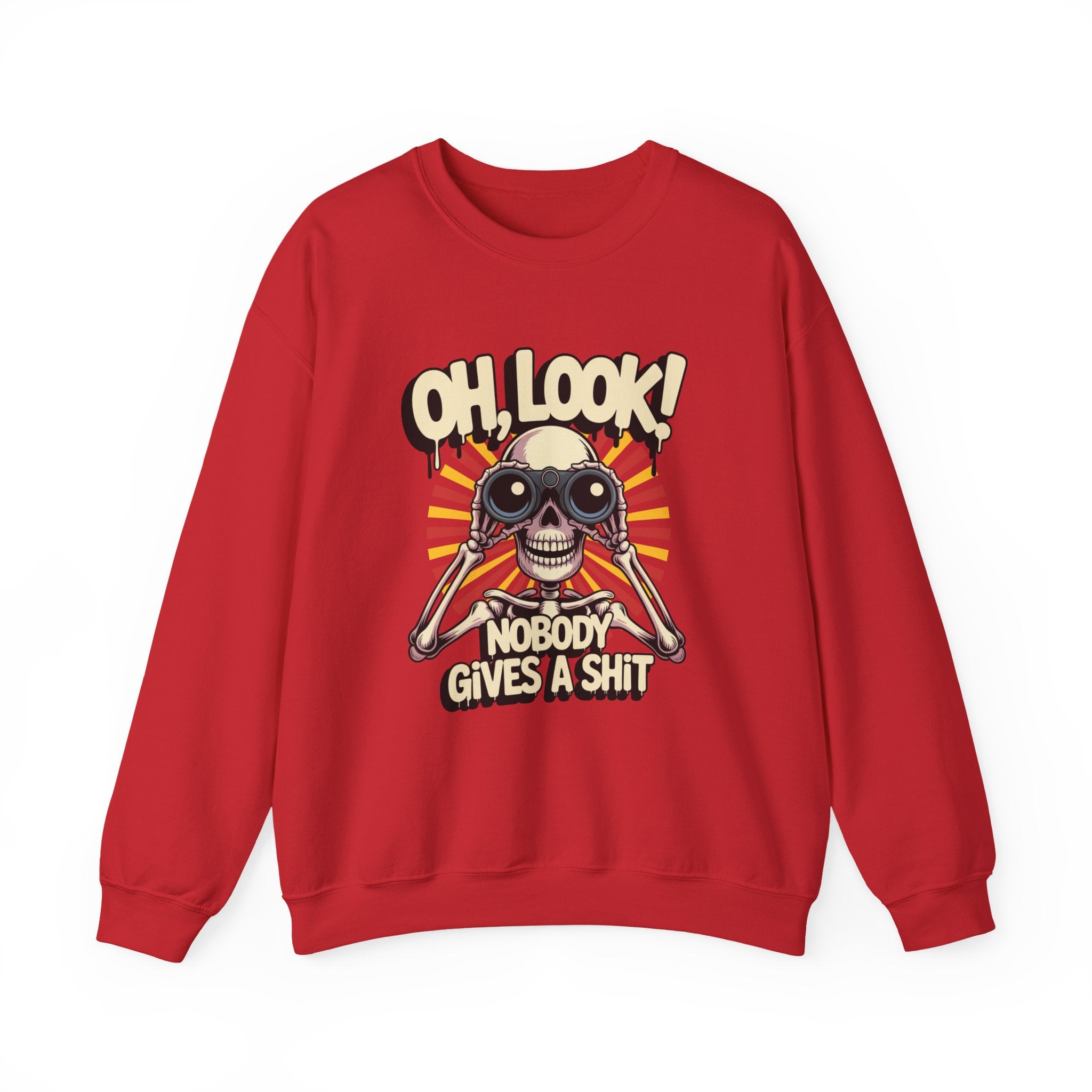 Crewneck Sweatshirt — 'Oh, Look! Nobody Gives a Shit' Skull Binoculars Graphic