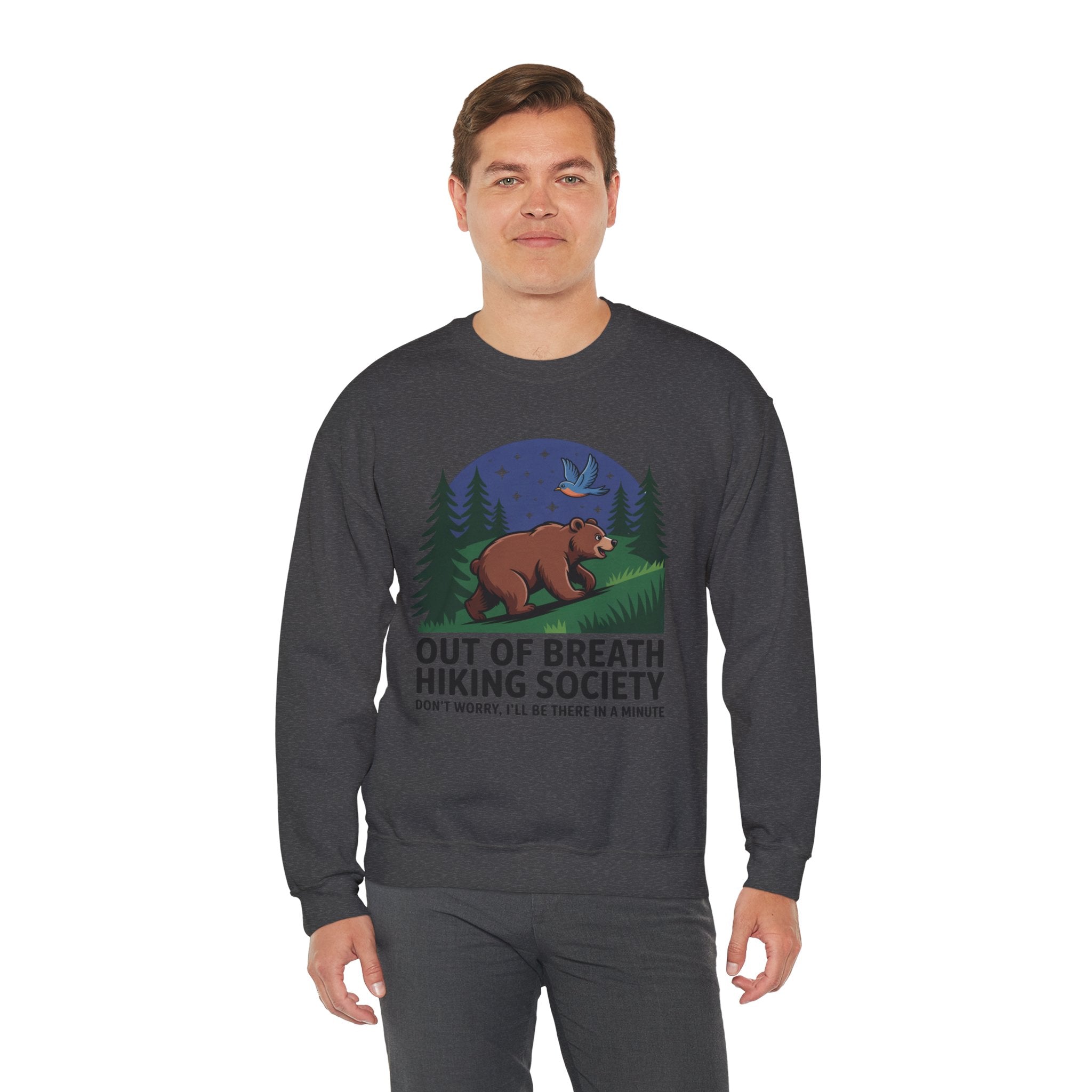 Out of Breath Hiking Society Crewneck Sweatshirt — Funny Bear Camping Graphic