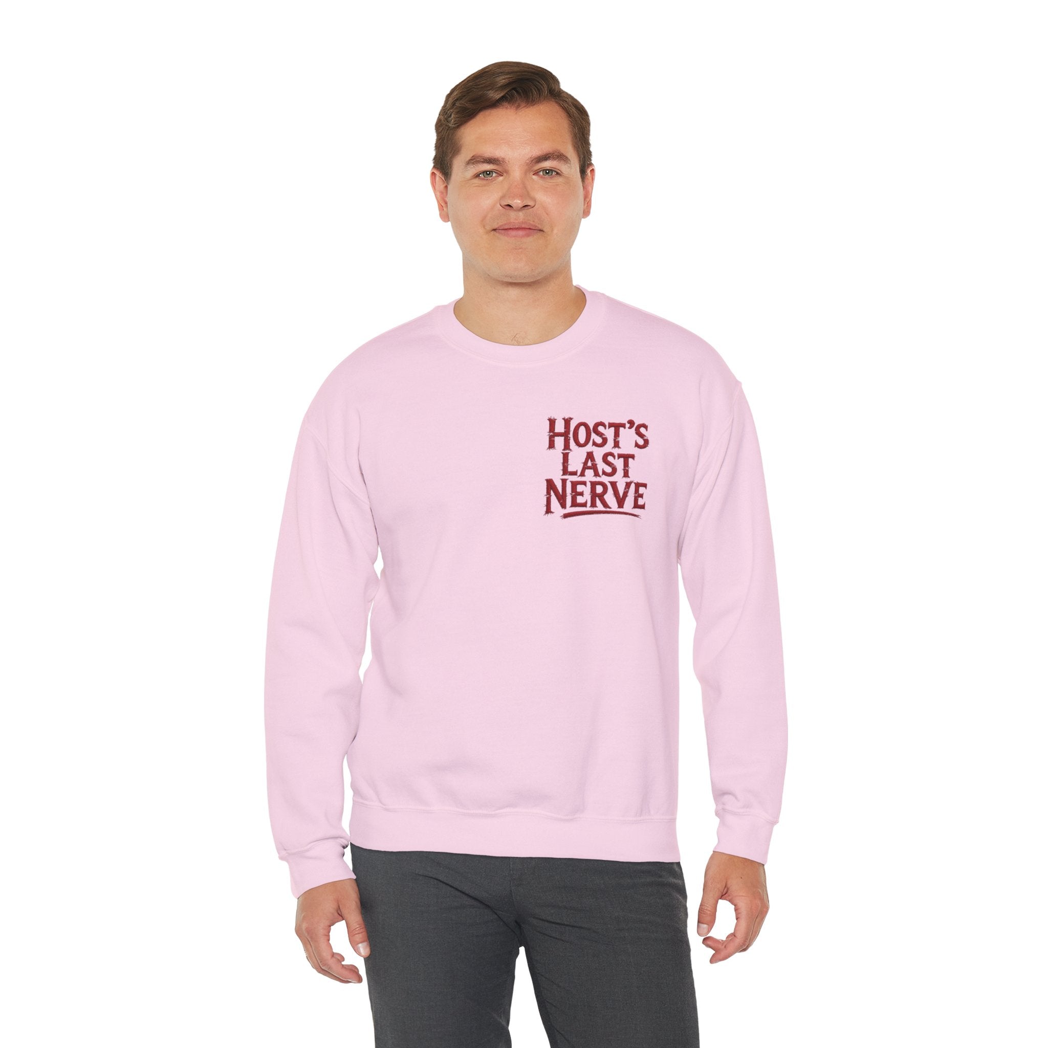 Funny Thanksgiving Host Crewneck Sweatshirt — Host's Last Nerve Merlot Spill Turkey Humor Gift Pullover