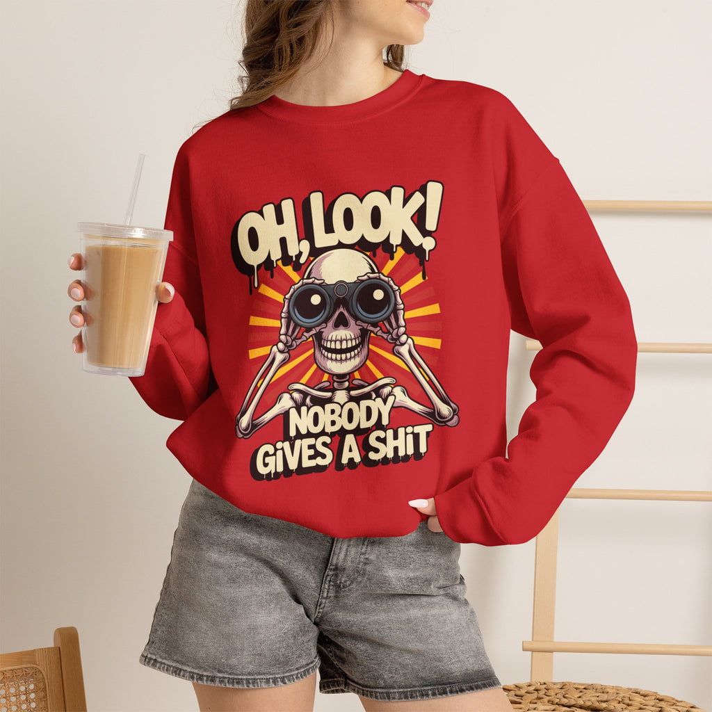 Crewneck Sweatshirt — 'Oh, Look! Nobody Gives a Shit' Skull Binoculars Graphic