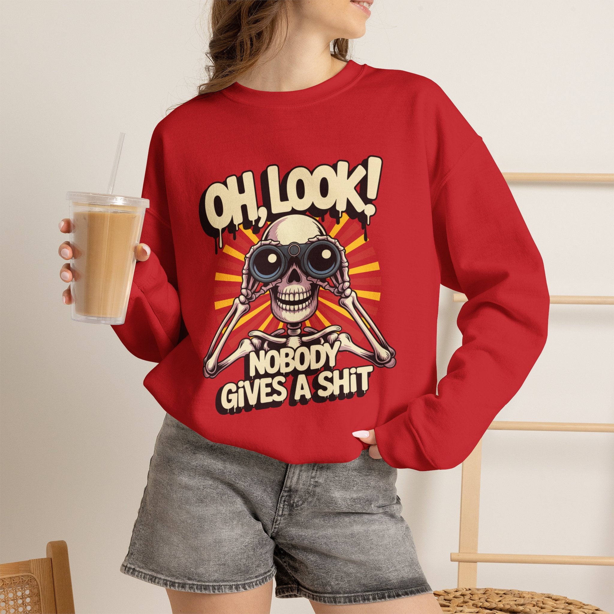 Crewneck Sweatshirt — 'Oh, Look! Nobody Gives a Shit' Skull Binoculars Graphic