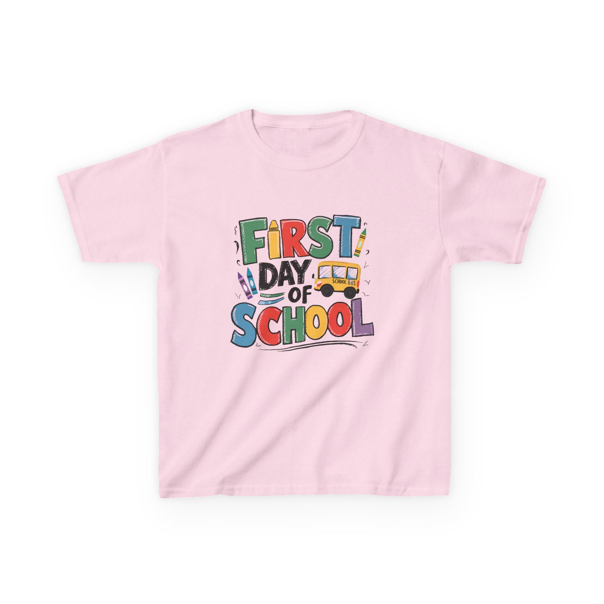First Day of School Kids T-Shirt — Colorful Back-to-School Tee with School Bus Design