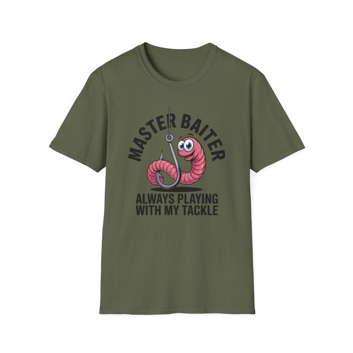 Master Baiter Fishing T-Shirt — Funny Worm Hook Tee ("Always Playing With My Tackle")