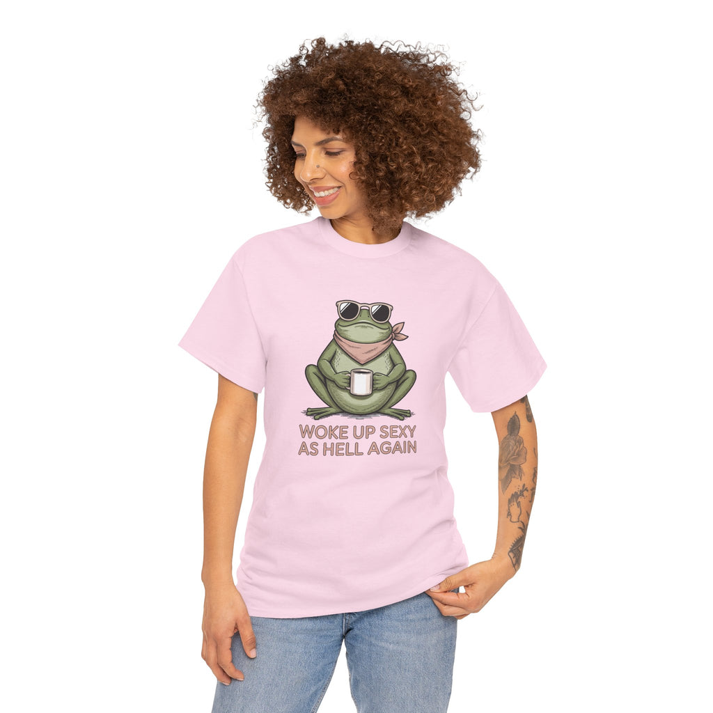 Frog Mug Graphic Tee — "Woke Up Sexy As Hell Again" Cotton T-Shirt