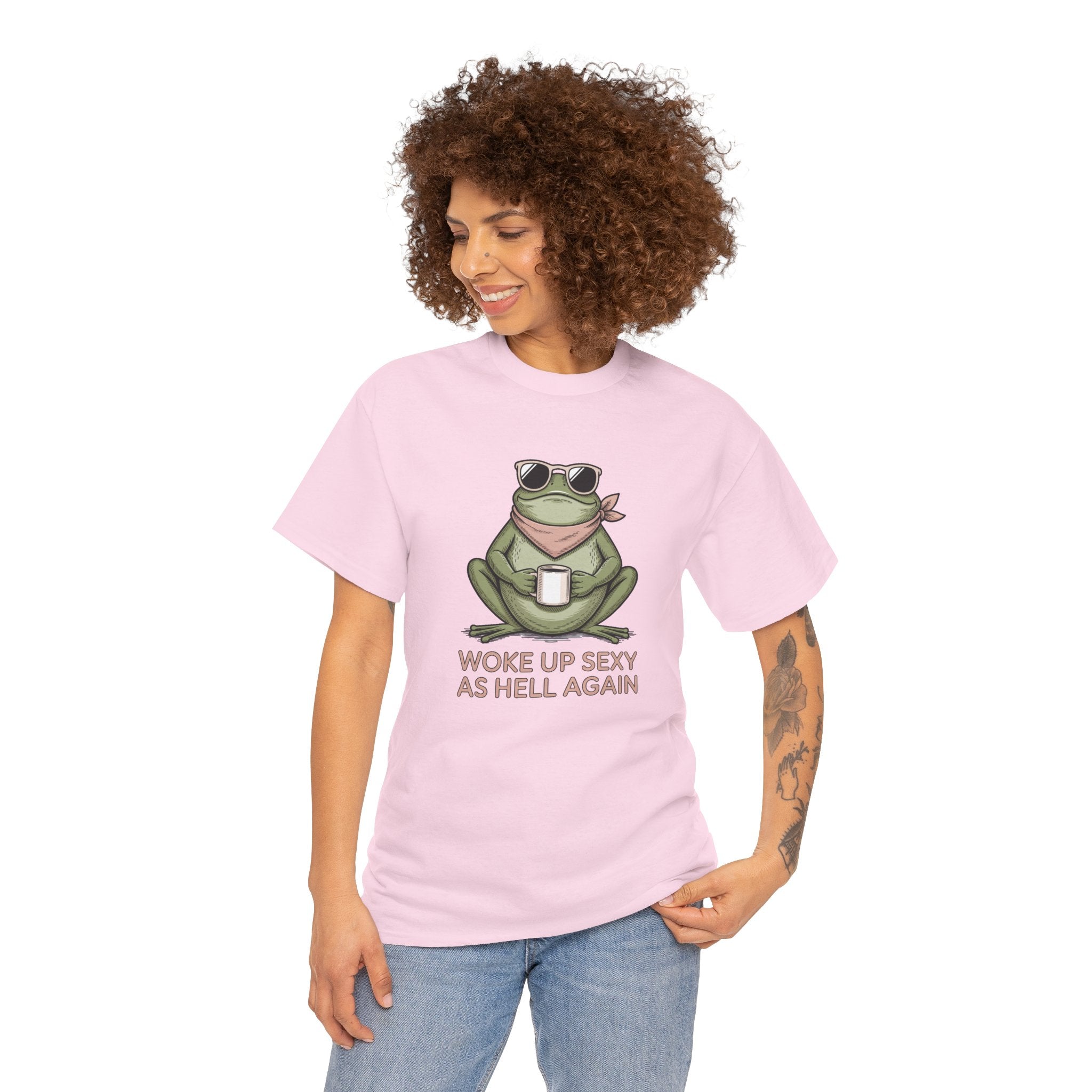 Frog Mug Graphic Tee — "Woke Up Sexy As Hell Again" Cotton T-Shirt