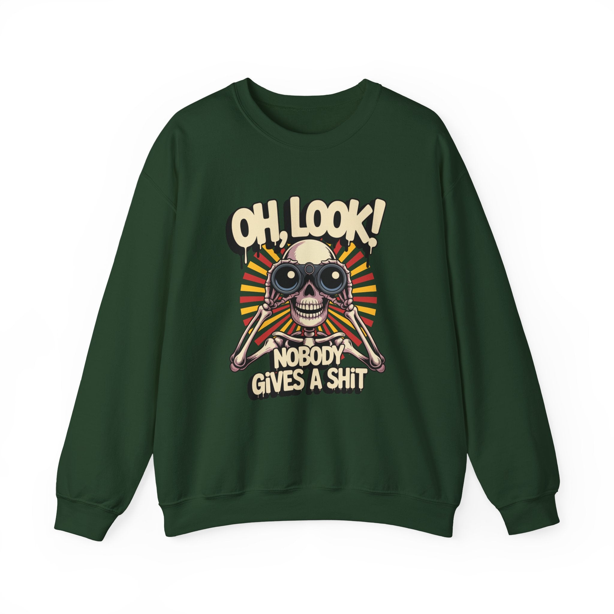 Crewneck Sweatshirt — 'Oh, Look! Nobody Gives a Shit' Skull Binoculars Graphic