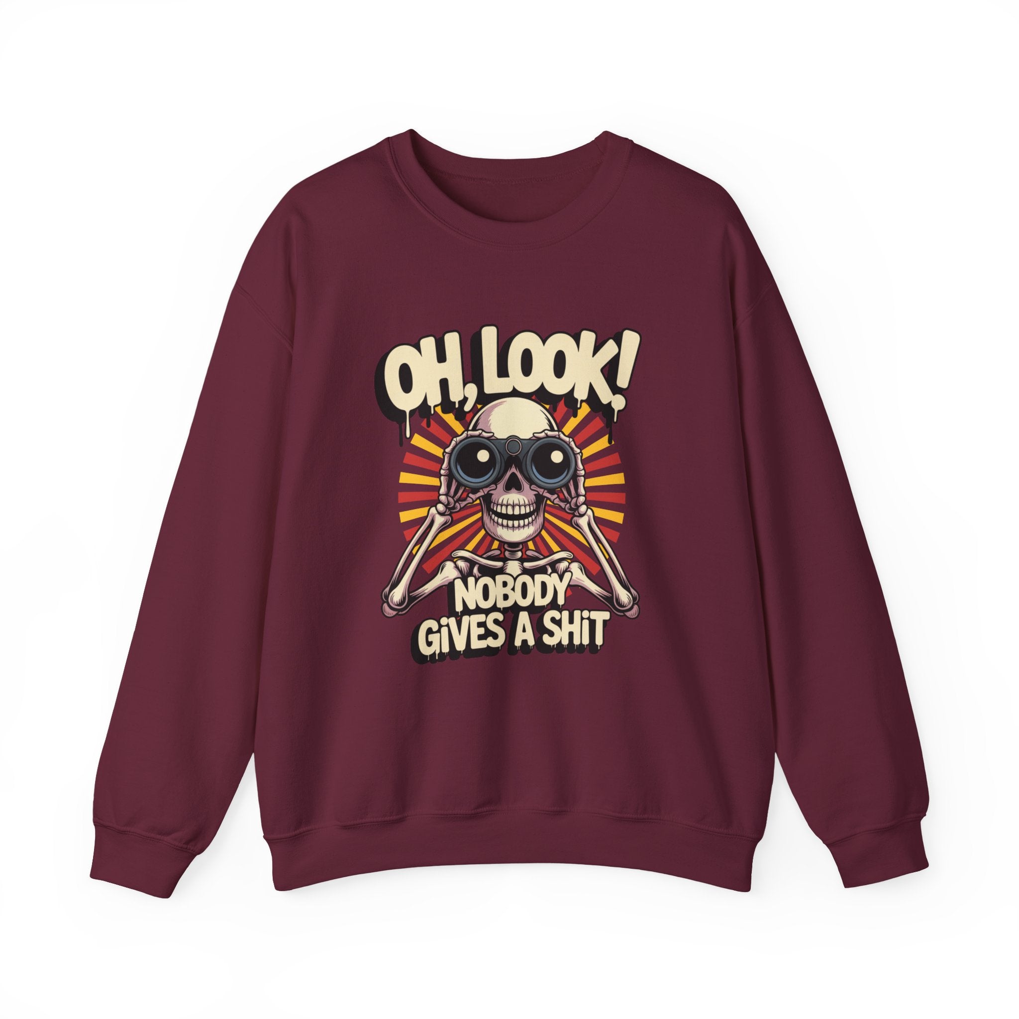 Crewneck Sweatshirt — 'Oh, Look! Nobody Gives a Shit' Skull Binoculars Graphic
