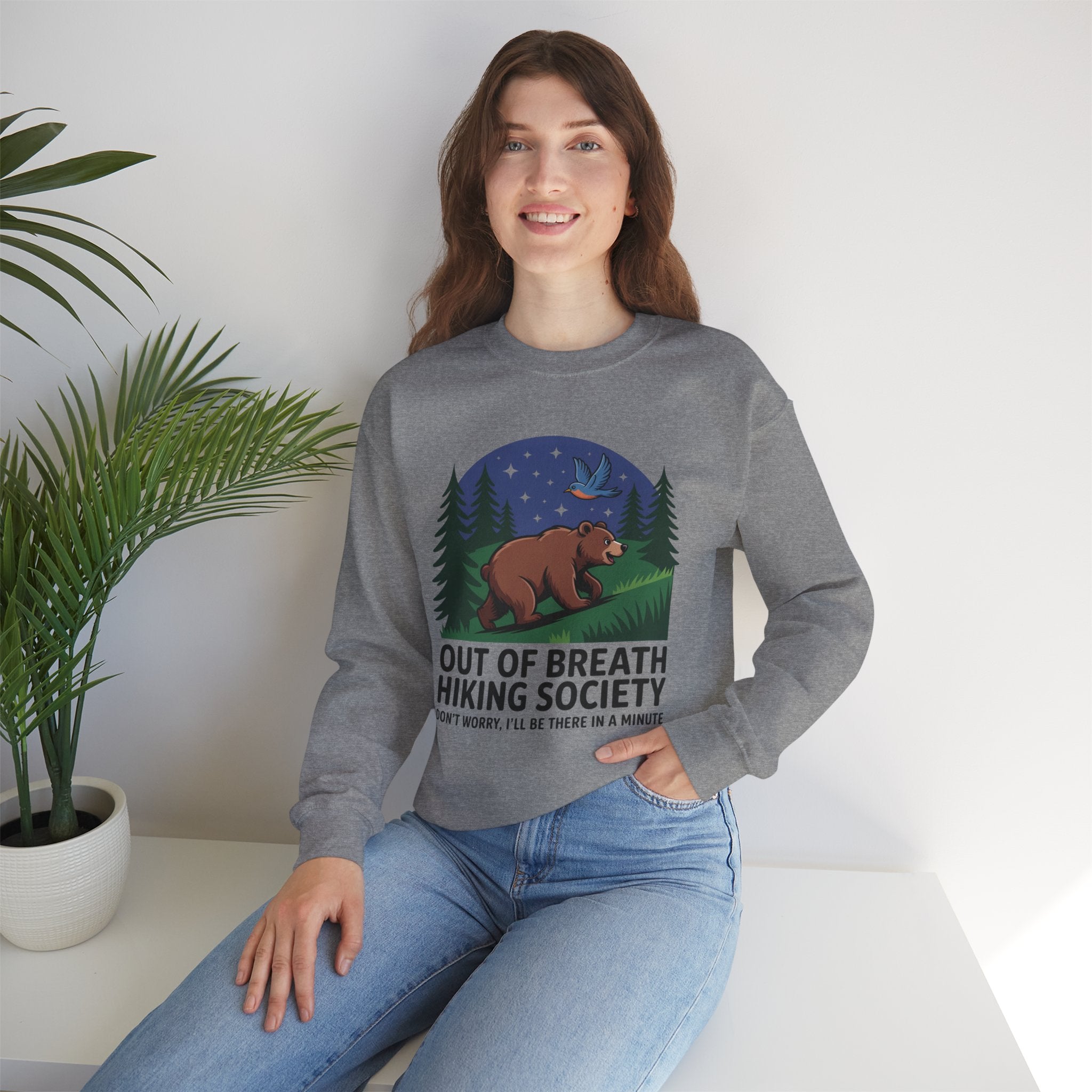 Out of Breath Hiking Society Crewneck Sweatshirt — Funny Bear Camping Graphic