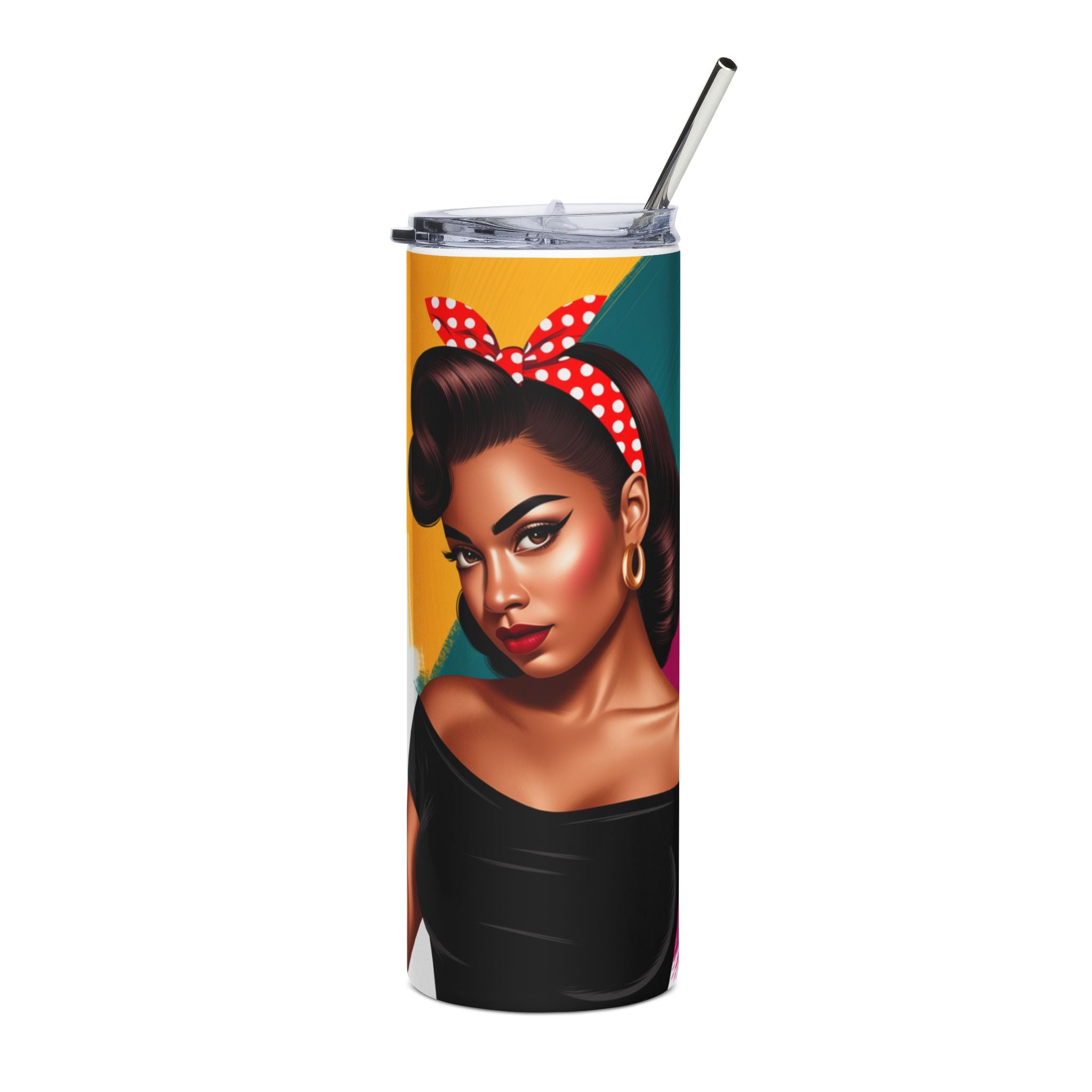 A tall insulated tumbler with a clear lid and metal straw, featuring a printed illustration of a retro-style woman with a red-and-white polka dot headband, black top, and warm yellow and teal background.