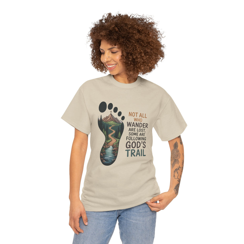 God's Trail Footprint T-Shirt — Christian Hiking Tee ("Not All Who Wander...")