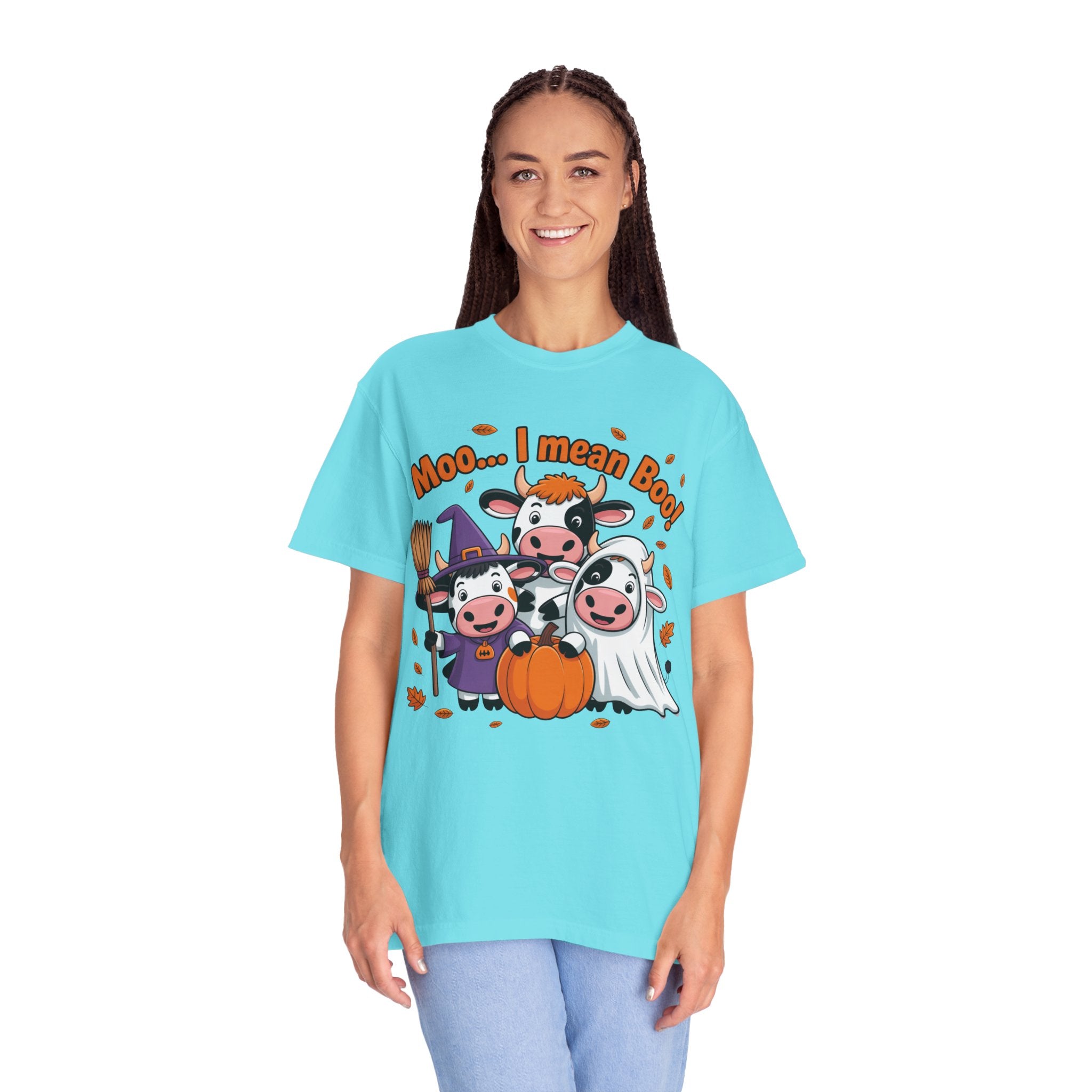 Halloween Cow T-Shirt – “Moo... I mean Boo!” Cute Pumpkin & Witch Cows Graphic Tee
