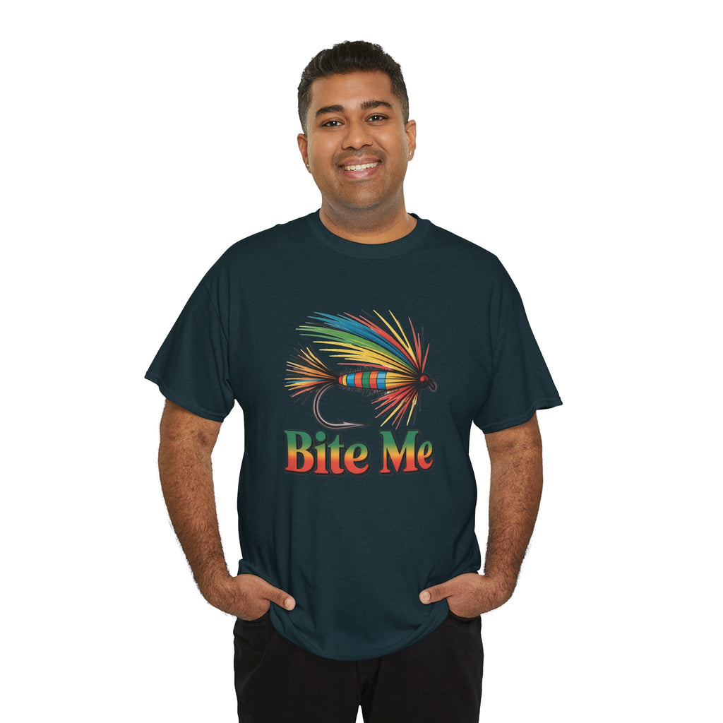 Fishing T-Shirt — Colorful Fly Design with "Bite Me" Text