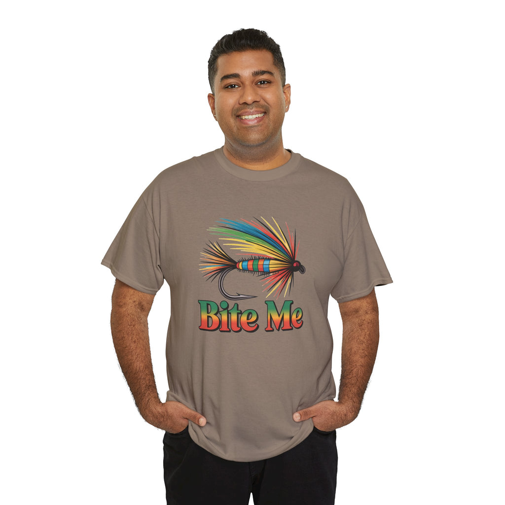 Fishing T-Shirt — Colorful Fly Design with "Bite Me" Text