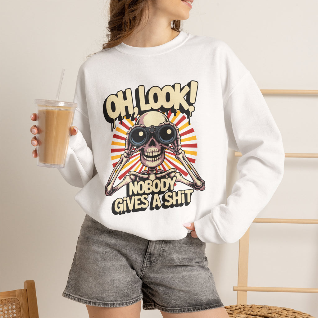 Crewneck Sweatshirt — 'Oh, Look! Nobody Gives a Shit' Skull Binoculars Graphic