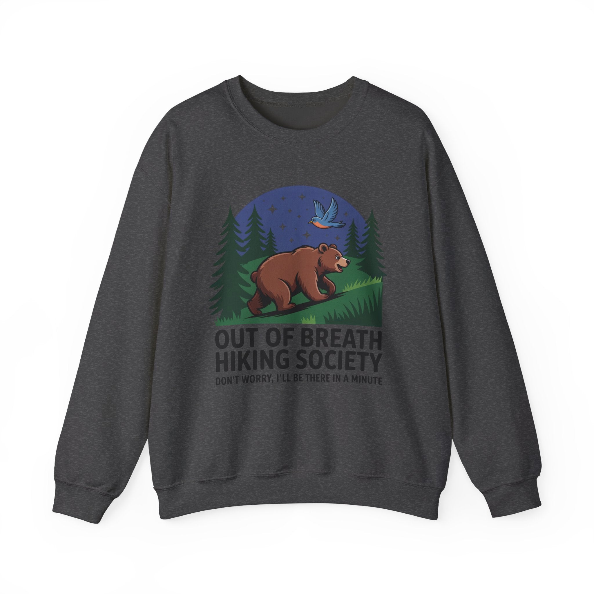 Out of Breath Hiking Society Crewneck Sweatshirt — Funny Bear Camping Graphic