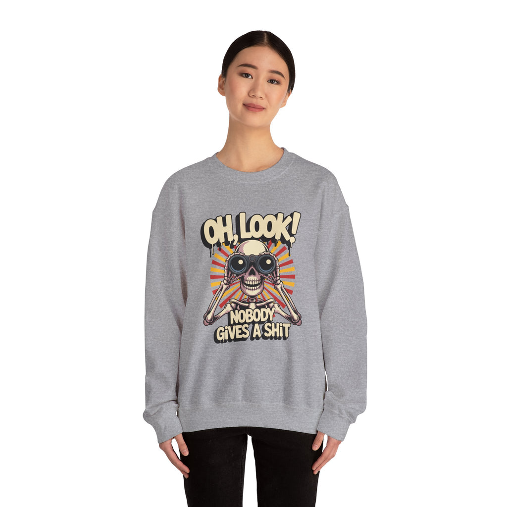 Crewneck Sweatshirt — 'Oh, Look! Nobody Gives a Shit' Skull Binoculars Graphic