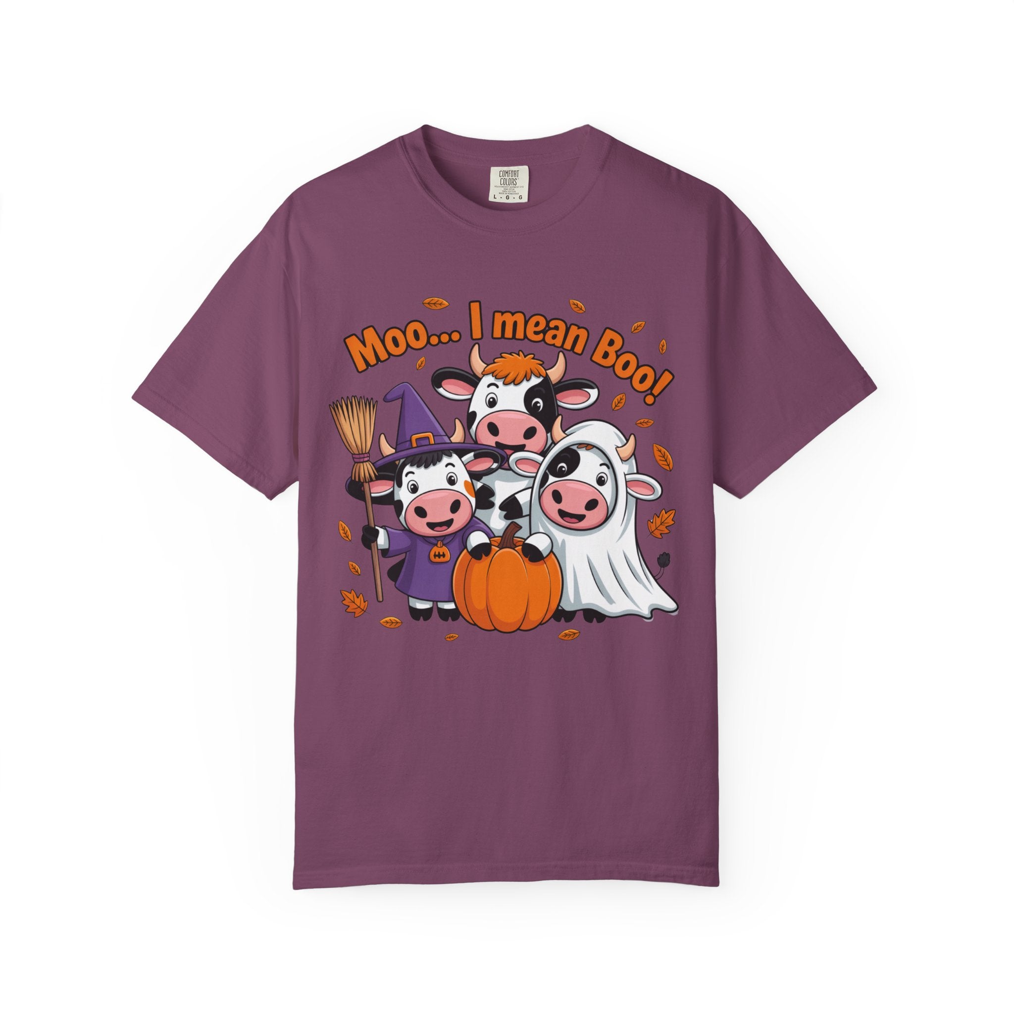 Halloween Cow T-Shirt – “Moo... I mean Boo!” Cute Pumpkin & Witch Cows Graphic Tee
