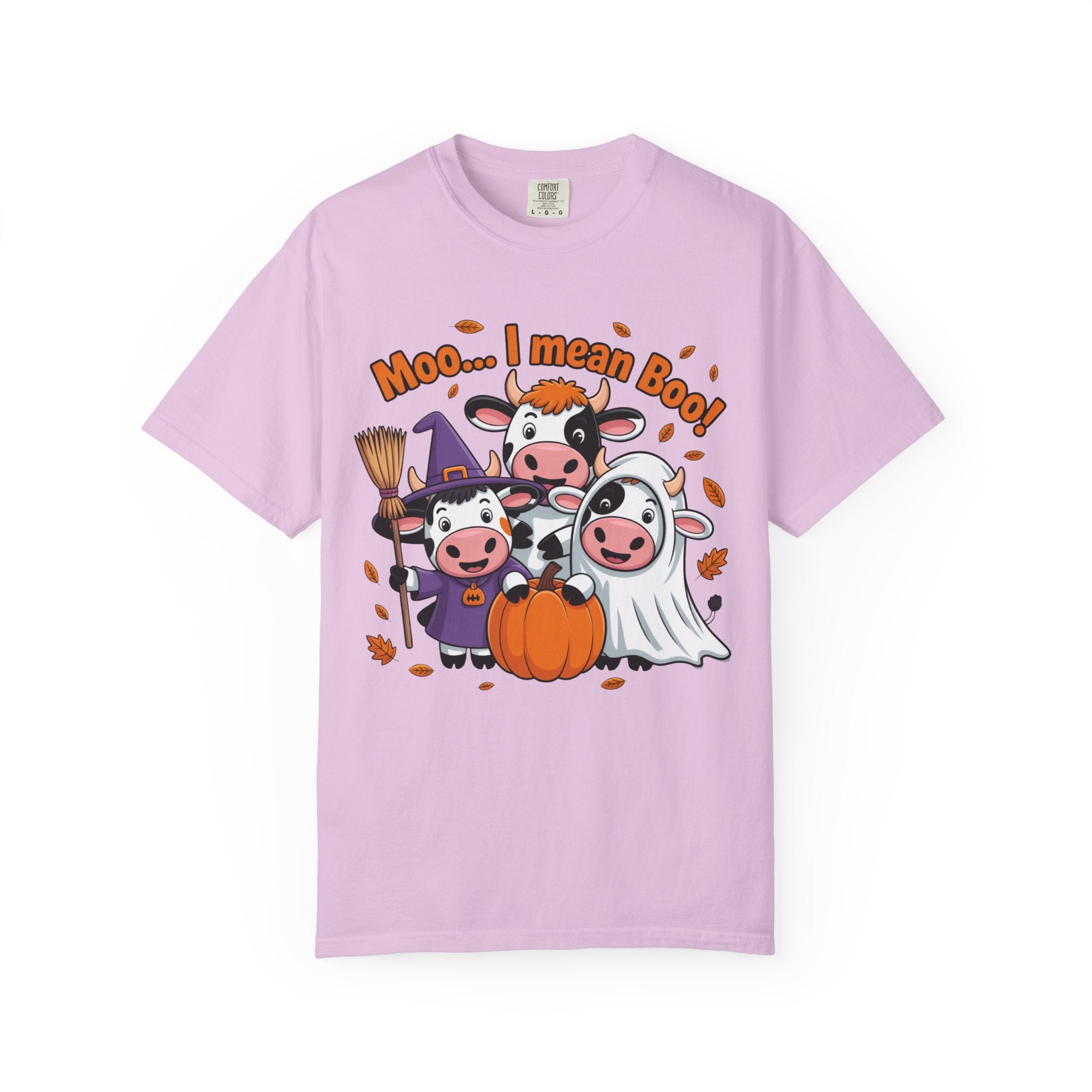 Halloween Cow T-Shirt – “Moo... I mean Boo!” Cute Pumpkin & Witch Cows Graphic Tee