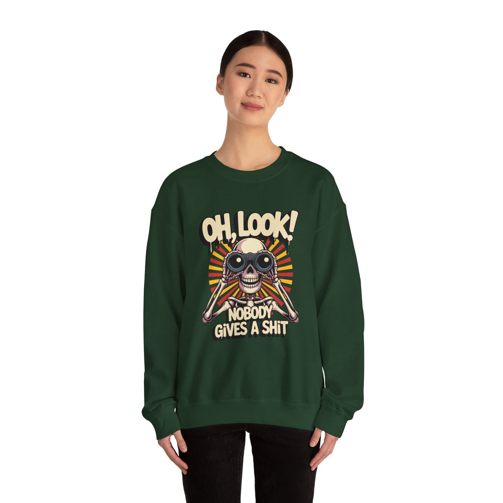 Crewneck Sweatshirt — 'Oh, Look! Nobody Gives a Shit' Skull Binoculars Graphic