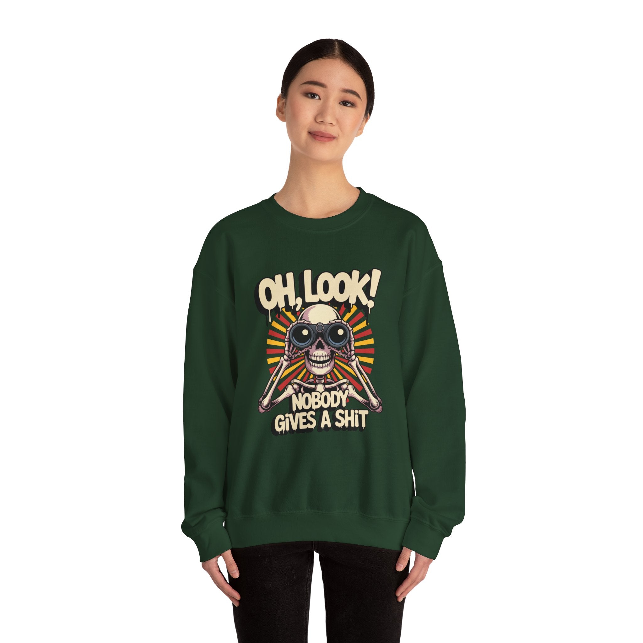 Crewneck Sweatshirt — 'Oh, Look! Nobody Gives a Shit' Skull Binoculars Graphic