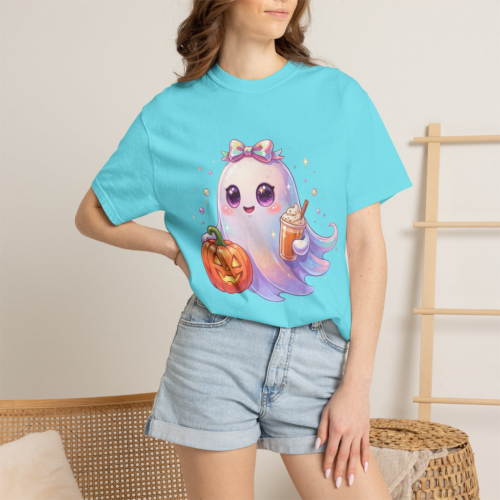 Cute Halloween Ghost T-Shirt — Kawaii Pumpkin & Candy Drink Graphic