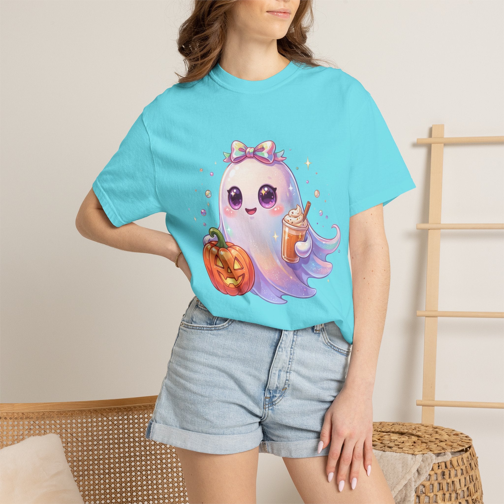 Cute Halloween Ghost T-Shirt — Kawaii Pumpkin & Candy Drink Graphic