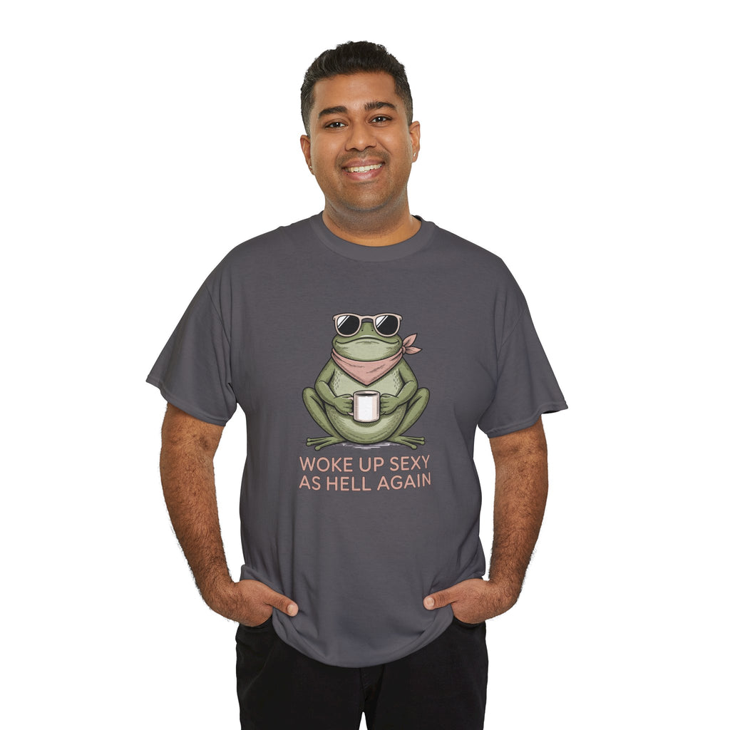 Frog Mug Graphic Tee — "Woke Up Sexy As Hell Again" Cotton T-Shirt